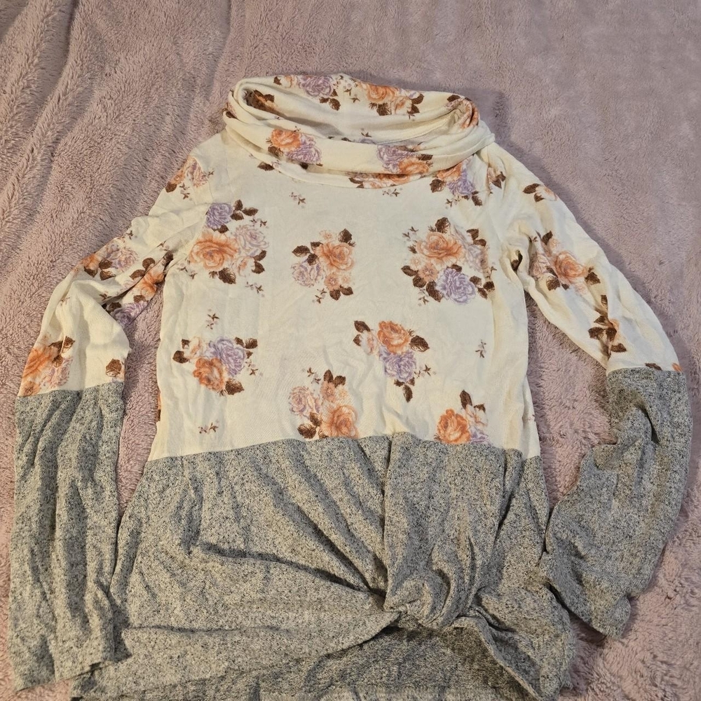Maurices Floral Cowl Neck Sweater - Cream and Gray